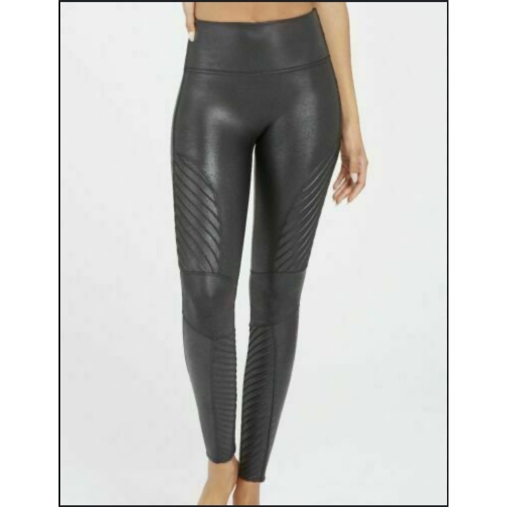 Spanx Petite Faux Leather Moto Leggings XS High Rise Black
